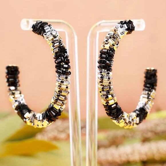 Black Seed Bead Wrapped Hoop Earrings - Picture 1 of 2